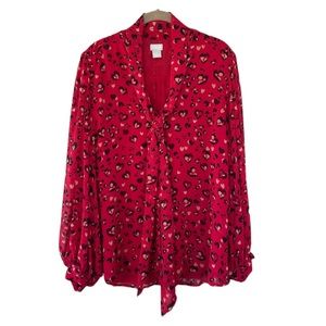 Chico's Purfect Love Red Heart Leopard Button Down Bow Blouse Top Size 16/18